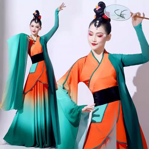 Orange green gradient chinese folk Classical dance costume for women empress queen cosplay dance fairy hanfu Han Tang Qu Yuan song water sleeve dance dresses for female